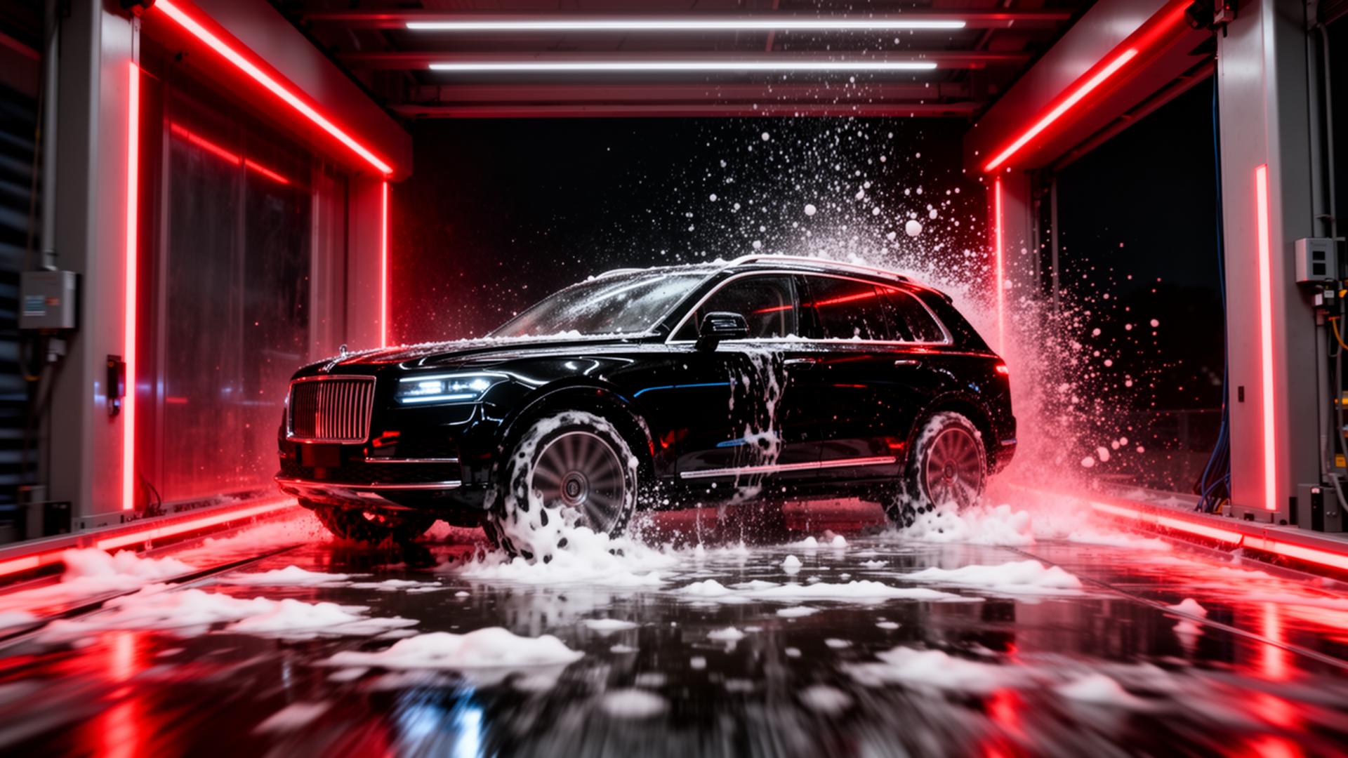 Black luxury SUV being washed in a premium tunnel with red accent lighting